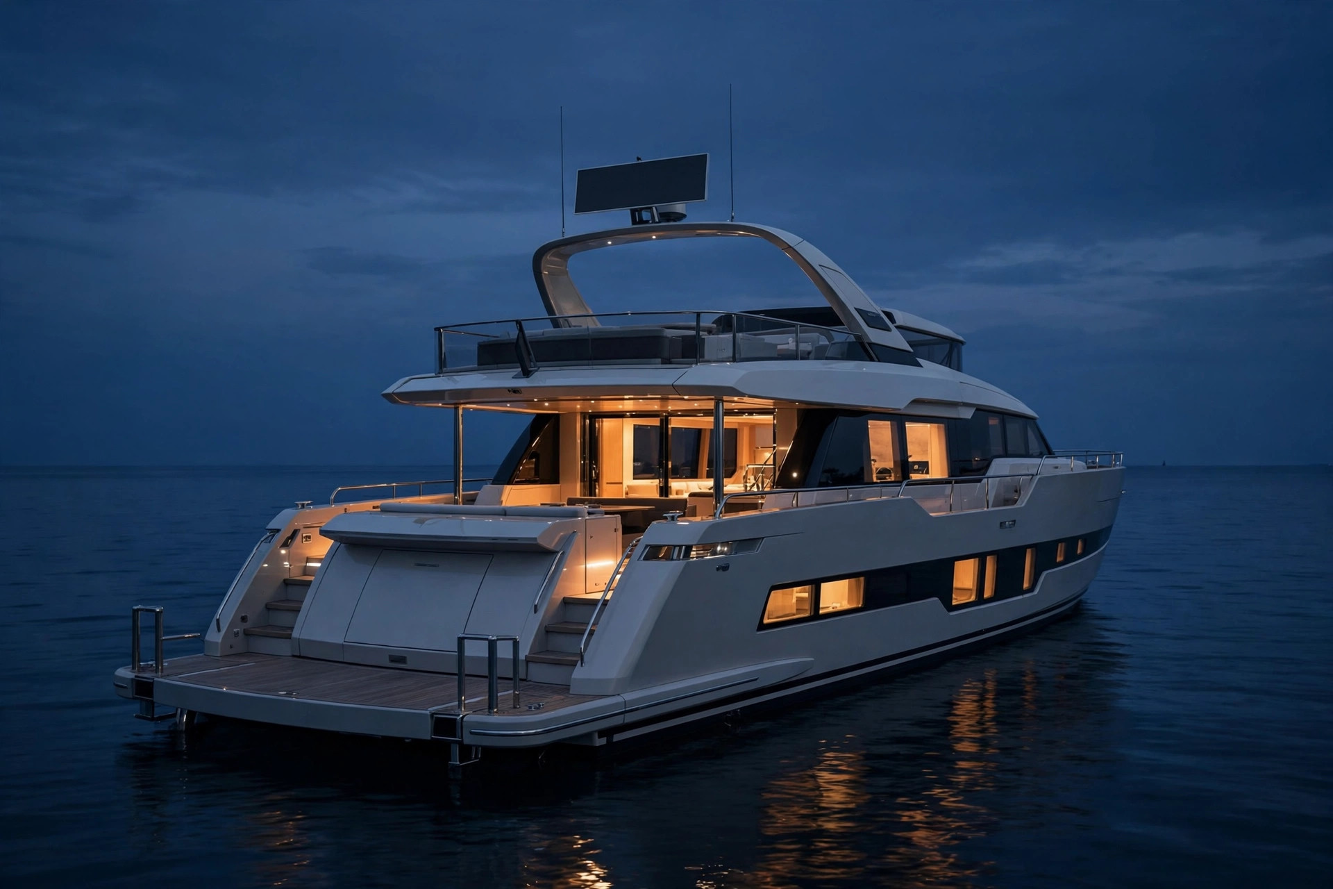 A modern yacht at anchor at dusk