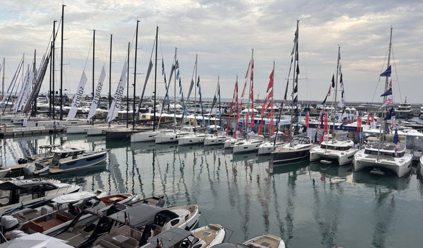 Sailing yachts in the in-water display at the Genoa International Boat Show 2026