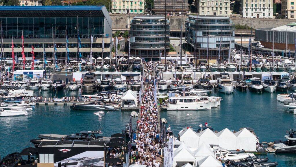 Crowds on the pontoons at the 66th Genoa International Boat Show