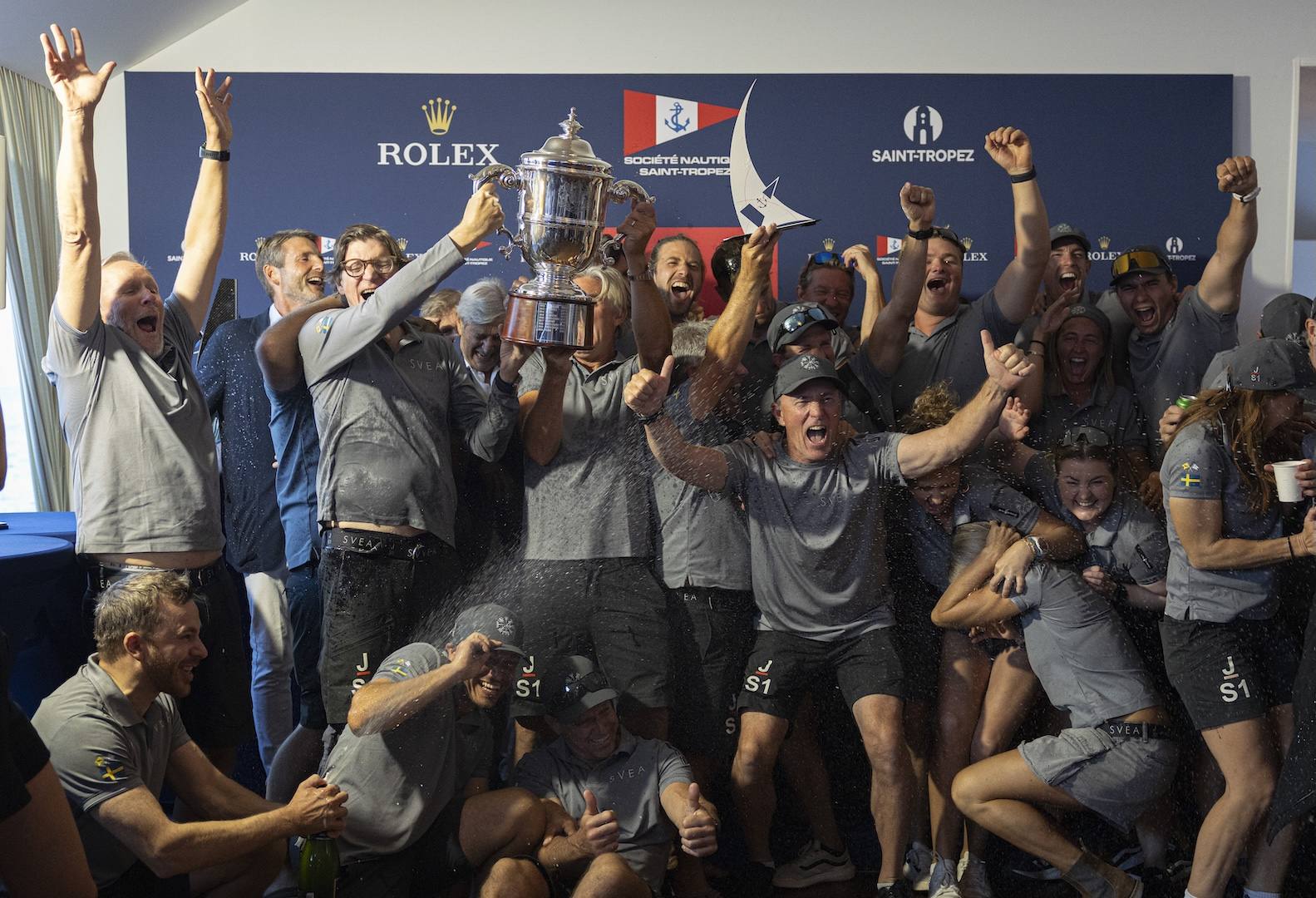 The crew of Svea celebrating their Les Voiles de Saint-Tropez 2026 victory