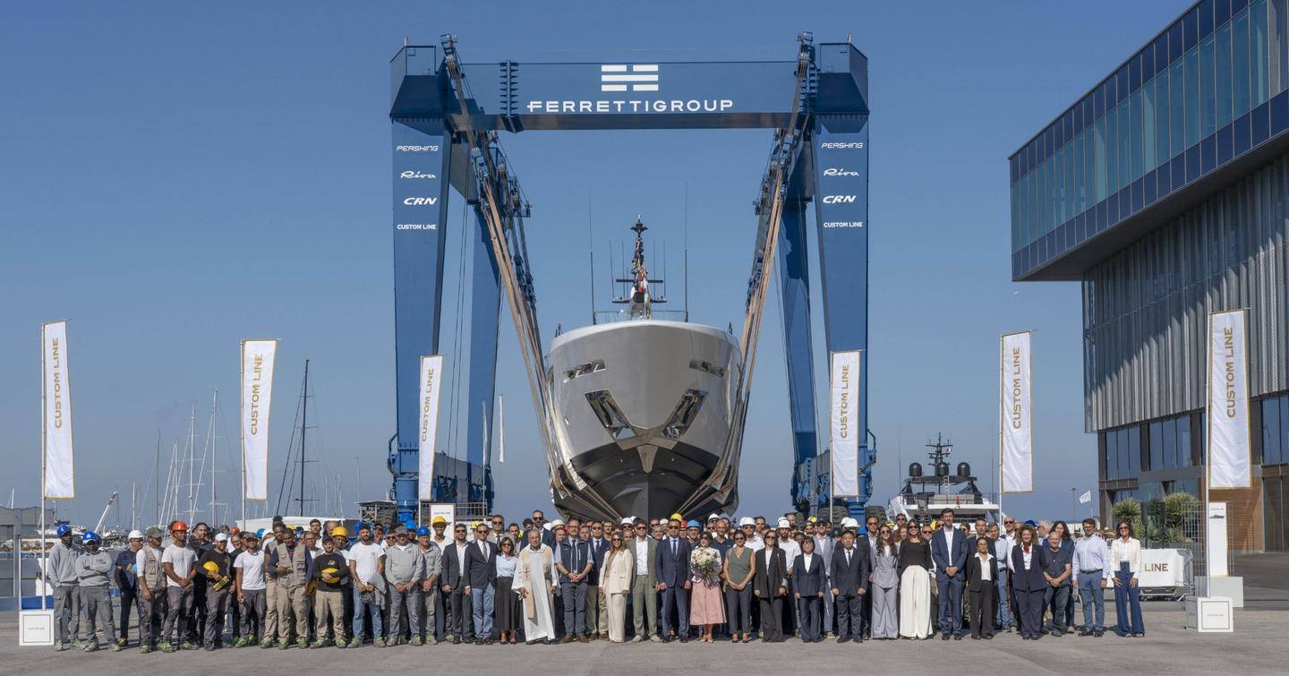 The first Saetta 128 in the travel lift at the Ferretti Group yard in Ancona
